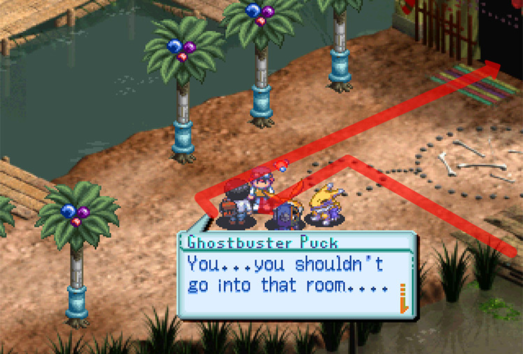 Talking to Ghostbuster Puck outside the Shaman House. / Digimon World 3