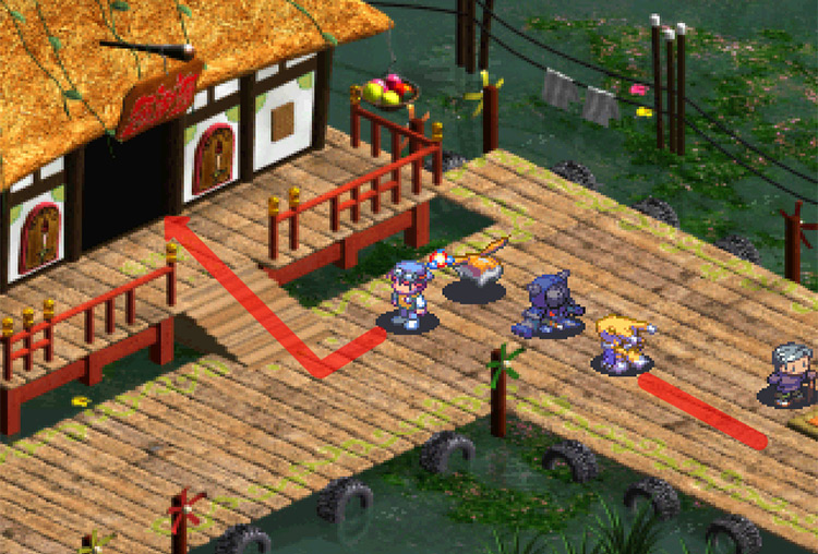 Walking past the old lady and entering the Swamp Inn. / Digimon World 3