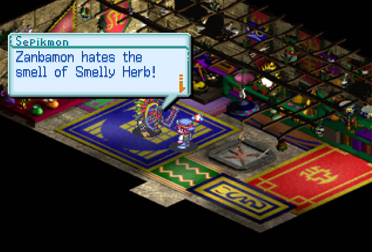 Returning the mask to Sepkimon and obtaining the Smelly Herb. / Digimon World 3