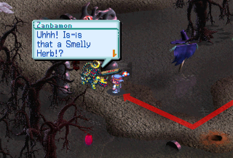 Driving Zambamon away with the Smelly Herb. / Digimon World 3