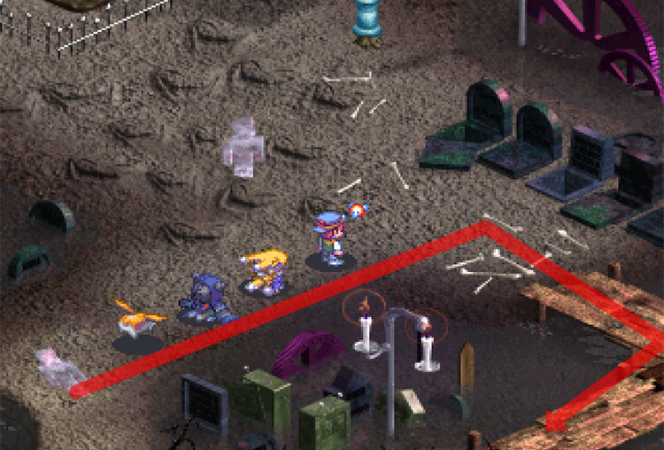Turning east in front of the tombstones, then continuing along the crossing. / Digimon World 3