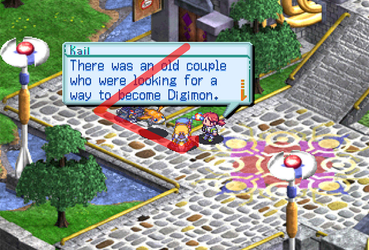 Talking to Kail outside Lamb Chop. / Digimon World 3