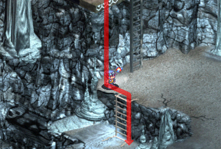 Jumping down the ledge, then climbing down the rope ladder. / Digimon World 3